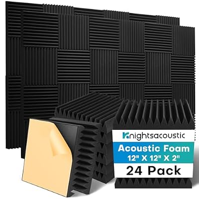 Knightsacoustic 24 Pack Sound Proof Foam Panels for Walls with Self Adhesive, 12x12x2 Acoustic Foam Panels, High Density Acoustic Panels Sound Absorbing, Fire Resistant Studio Sound Proofing Black