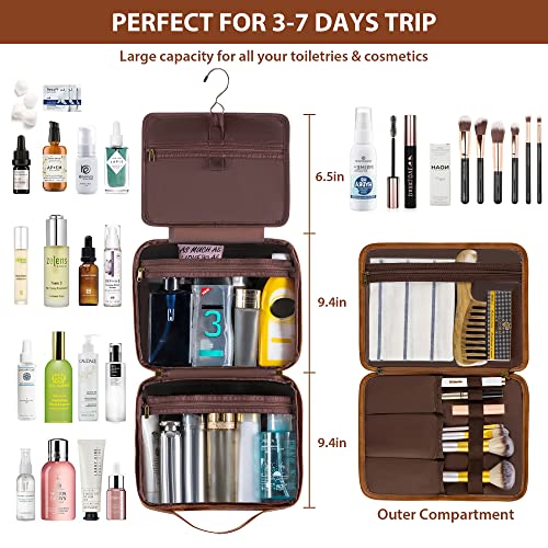 Elviros Hanging Travel Toiletry Bag For Men, 3 In 1 Large Makeup Bag Organizer For Women, Water-Resistant Pu Leather Dopp Kit Shaving Bag For Bathroom Toiletries, Cosmetics (Brown) #TOP3