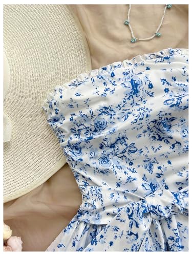 MakeMeChic Women's Ditsy Floral Bandeau Ruffle Tiered Shirred Bow Knot A Line Mini Dress3