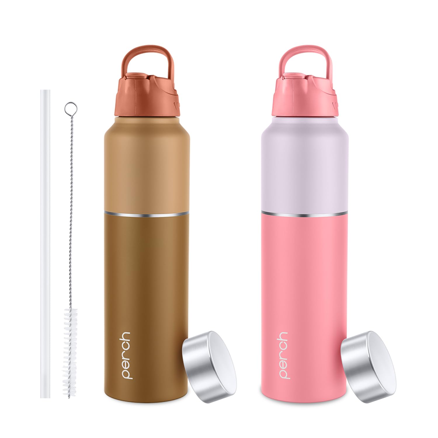 Perch Magic ISI Certified Stainless Steel Water Bottle 1 Ltr | Fridge Bottle with Sipper Cap & Straw | Single Wall | BPA Free | Lightweight | For Home, Office, Gym, Travelling Set of 2 (Brown & Pink)