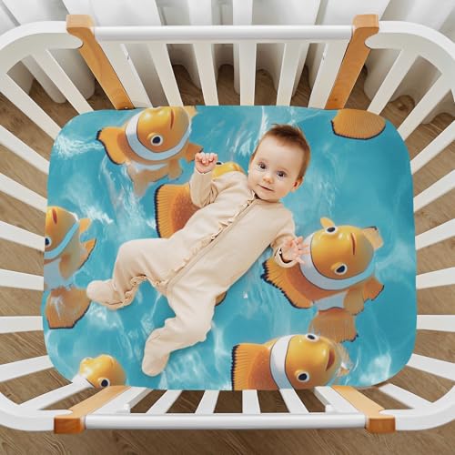 Image of Crib Sheet Breathable Soft Crib Mattress Sheet for Baby Toddler Boys Girls Fitted Crib Sheet Fit Standard Crib Mattress 39 x 27 Inch Yellow Clownfishes and Swimming Pool