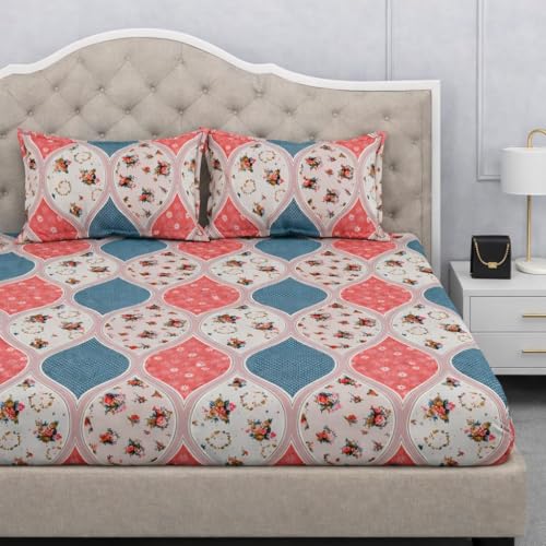 Image of 300 TC Cotton Feel Glace Cotton Elastic Fitted Bedsheet for King Size Double Bed | Fits up to 8 Inch Mattress | Printed Bedsheet with 2 Pillow Covers (Pink Eka, Queen Size - 60 inchx78 inch)