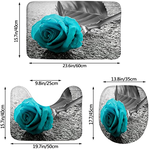 Badezimmerteppich-Set, 3-teilig, Blume, Blaugrün, Blau, Rose, Schwarz und Weiß, Blumenmuster, waschbare Badteppiche, rutschfest, mit Rückenpolster, Konturteppich und Toilettendeckelbezug – Bild 4