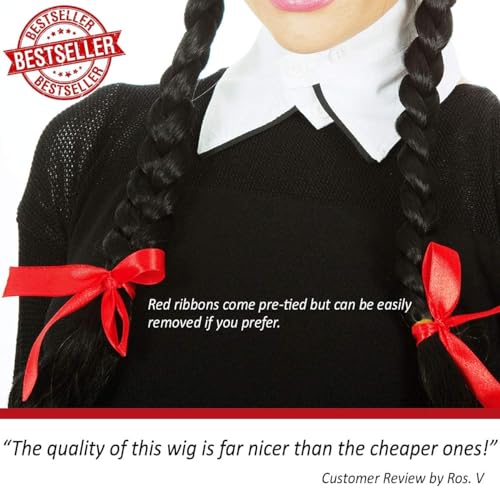 Image of ALLAURA Braided Black Wig Costume Wed. Black Braided Pigtail Wig Braids + Red Ribbons Costume Wig Halloween Costume | Compatible with Wednesday Wig