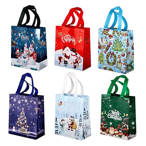 BSITSSS 6 Stück Geschenktüten Weihnachten, Non Woven Weihnachtsgeschenktüten, Weihnachtstüten mit Griffen, Weihnachtstaschen Wiederverwendbar, Niedlich Tragetasche, 25 x 20 x 15 cm