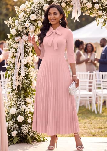Image of FANDEE Maxi Dress for Women Formal 3 /4 Sleeve Pleated Empire Long Dress Semi Formal Tie Neck Office Work Dresses
