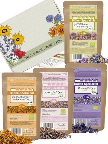 direct&friendly | Bl&uuml;ten-Geschenkset | 4 farbenfrohe Bio-Bl&uuml;ten | als Tee, Back- und Koch-Deko
