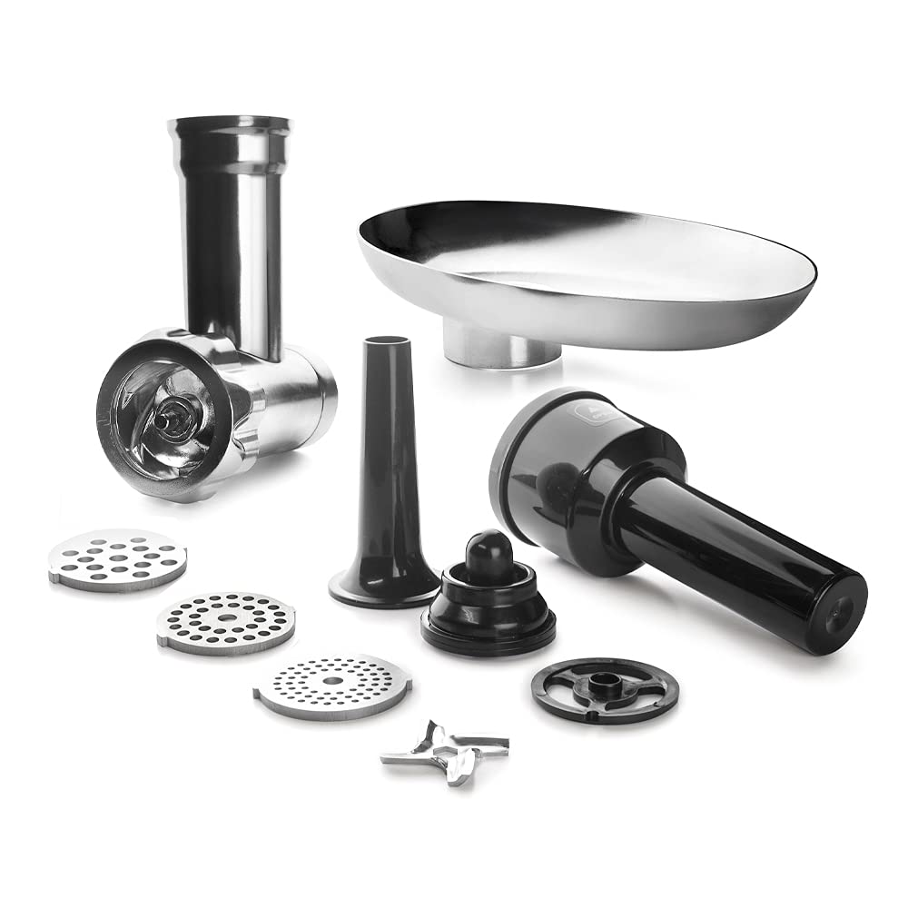 Lacor - 69685 - Set Accesorios Batidora, Complementos para Picar Carne o Hacer Salchicas, Embutidora y Kibbe, 4 Cuchicas para Picar, Acero Inoxidable, Negro