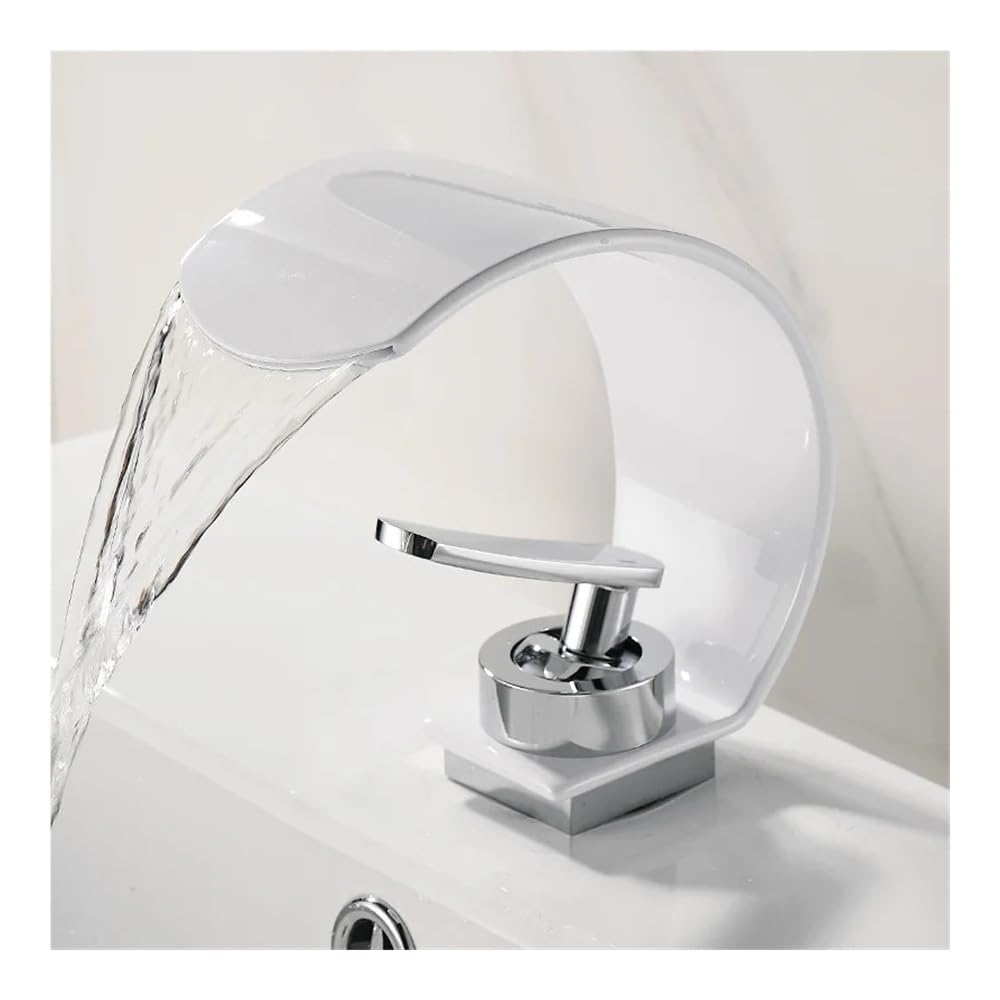Basin Faucet White/Black/Chrome C-Shaped Waterfall Faucet washbasin Hot and Cold Bathroom Sink wash Faucet W3047(White)