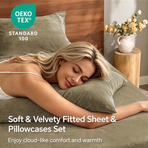 Image of BEDELITE Flannel Full Fitted Sheet & Pillowcases Set, Camel, 3 Pieces | Ultra Soft Plush Fleece Bed Sheet with Elastic Corner Straps, 16 Inch Deep Pocket, Fuzzy All-Season Gift & Room Decor