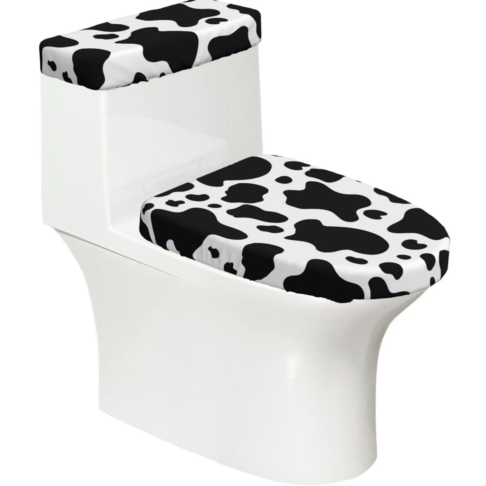 Black and White Cow Printed Toilet Tank and Lid Cover Set of 2 for Most Bathrooms, Fits Elongated Round Toilets