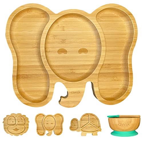 AWIIK - Plato de Bamboo con fuerte ventosa para Bebés y niños pequeños. Plato BLW de bambú antideslizante con succión. Plato infantil antivuelco para aprender a comer BLW (Elephant_Green)