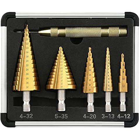 V VONTOX Stufenbohrer 5 tlg, Hochgeschwindigkeitsstahl 4241 Titanbeschichteter stufenbohrer set mit Automatischer Körnerdurchschlag, für DIY Kunststoff Holz Metall Aluminium Eisen Cover