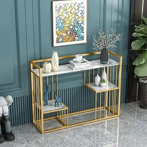 Image of ARTROCK Modern 3-Tier Console Table with Faux Marble Shelves, Gold Metal Frame, Narrow Entryway Sofa Table, Luxury Display Shelf Organizer for Living Room, Hallway, Bedroom & Office (White Gold)
