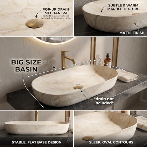 Image of Backline Ceramic 31.5 Inch Table Top Wash Basin | Big Size Basin | Counter Top Basin For Bathroom & Living Room 31.5 X 15 X 5 Inches (Matt Beige Marble Finish)(5 years warranty)