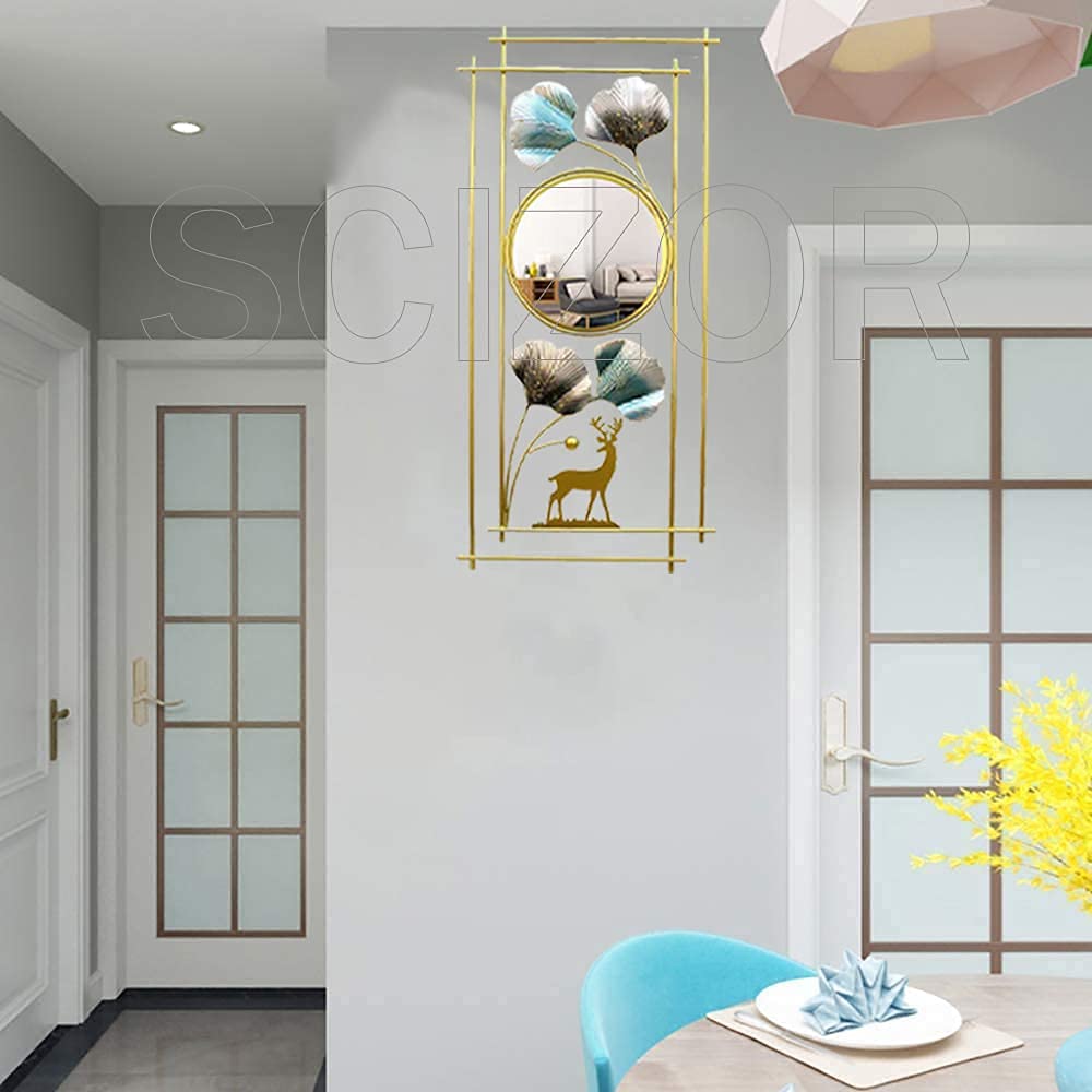 Scizor Iron Wall Sculptures Mirror,Gingko Leaves Metal Frame Wall Decor Mirror for Home Decor Metal Frame,Easy Installation Bedroom Hotel Hanging Mirror
