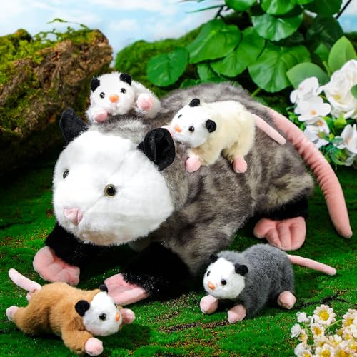 Image of Hollowfly 5 Pcs Opossum Stuffed Animal Mommy with 4 Baby Possum Plush Toy