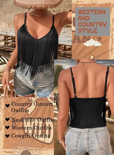 Camiseta Sin Mangas con Flecos para Mujer - Sexy Estilo Top Vaquera Occidental para Conciertos Festival Dobladillo Coachella con Borlas(Black,M,10742r)
