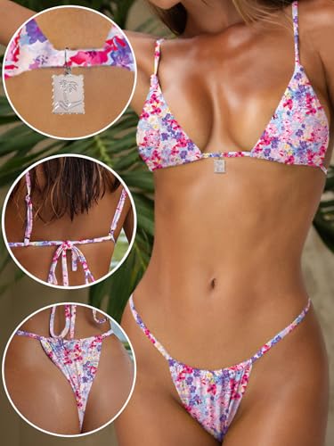 Image of OWICA Women's Sexy Triangle Bikini Sets Cheeky Thong Swimsuit Adjustable Spaghetti Straps Bathing Suit