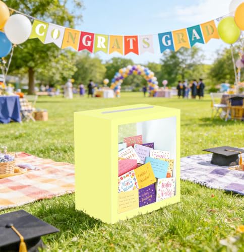 Image of SietDESEO Yellow Card Box for Party with Clear Window Large Gift Card Box Holder for Wedding Reception Birthday Graduation Baby Shower Raffle Ticket Box