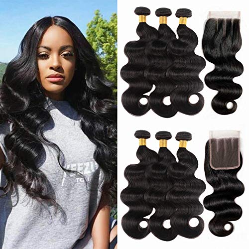 NUOF 9A Brazilian Body Wave 3Bundles with Closure (14 16 18+12inch Three Part)100% Unprocessed Virgin Human Hair Weave Bundles with 4x4 HD Lace Closure
