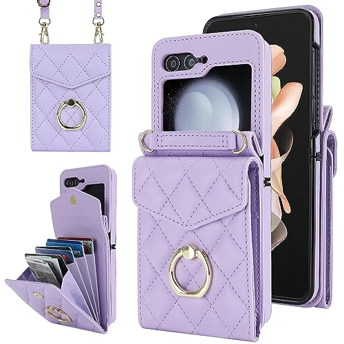 Étui Galaxy Z Flip 7 FE et Z Flip 6 en cuir anti-choc avec porte-carte et anneau de protection