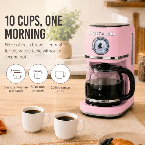 Image of Nostalgia Classic Retro 10 Cup Coffee Maker - One-Touch Drip Brew, Reusable Filter - Anti-Drip, Auto Shutoff, & Time Display - Dishwasher Safe 50 oz Carafe - Pink