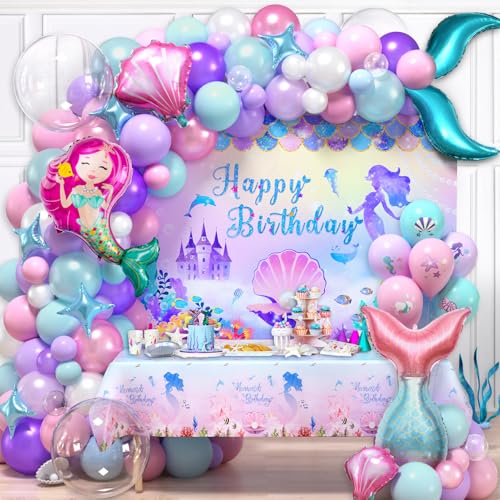 Winrayk Little Mermaid Party Decorations Birthday Supplies Girls, Pink Purple Balloon Arch kit, Backdrop, Tablecloth, Bobo & Tail Shell & Printed Balloons, Princess Theme Mermaid Birthday Decorations