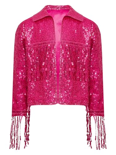 TiaoBug Kids Girls Jacket Coat Sequins Tassel Long Sleeve Open Front Birthday Party Cardigan Disco Dance Tops Outwear3