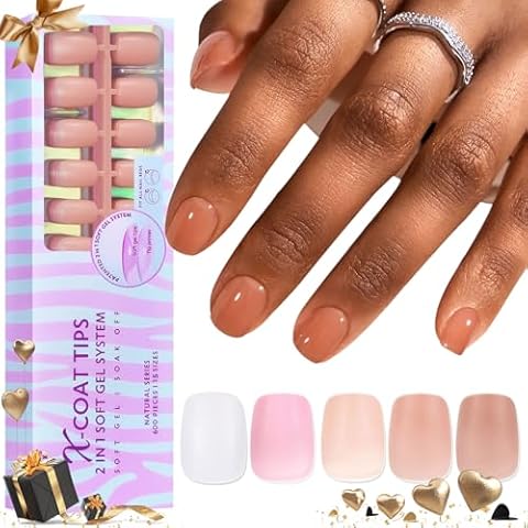 BTArtbox Extra Short Nail Tips Square - 600 Pcs Gel Press On Nails Natural XCOATTIPS Pre-applied Tip Primer Cover, Pre-colored Gel Tips Fake Nails for Valentines Day Gift Easy DIY Nail Art 15 Sizes Cover