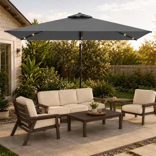 Patio Kingdom 6.5 x 10ft Rectangular Patio Umbrella with Solar Lights, 16 LED Lighted Market Umbrella with Push-Button Tilt and Crank, 6 Sturdy Iron Ribs for Garden, Deck, Pool, Gray by Patio Kingdom - Used condition - US$73.85