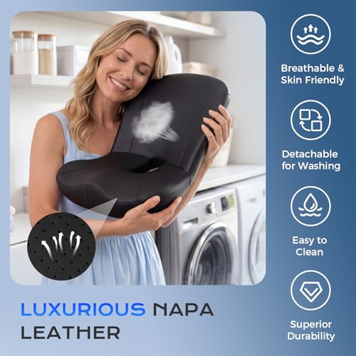 Image of Coverado Car Seat Cushion and Lumbar Support Pillow One Piece, Napa Leather Memory Foam Ergonomic Back Support Driving Seat Cushion for Back Pain, Non-Slip Washable Cushion for Car, Driver, Office