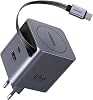 UGREEN 65W Makaralı Dahili Kablolu GaN Hızlı Şarj Cihazı, 2xUSB-C, 1xUSB-A, Gri, 65825