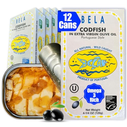 Image of BELA Wild Caught Portuguese Style Codfish - Canned Cod In Extra Virgin Olive Oil | 4.25 Oz (Pack of 12) | All Natural, High Protein, Hand Selected, Sea Salted, & Omega 3 Rich