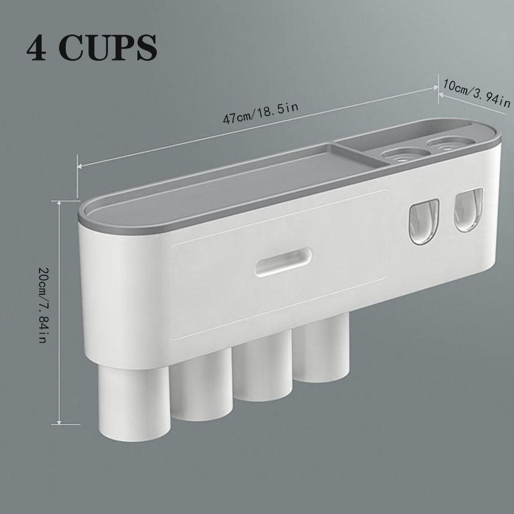 Soporte para Cepillo De Dientes De BañO con Dispensador AutomáTico Doble De Pasta De Dientes, Soporte para Cepillo De Dientes Montado En La Pared para 2/3/4/5 Tazas, 6 Ranuras para Cepillos,4cups