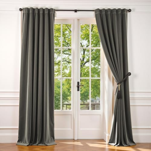 Image of Grey Velvet Curtains Modern Luxury Rod Pocket 52x96 Inch 2 Panels | Soft Velvet, Room Darkening, For Bedroom & Living Space, Light Shifting Texture, Elegant Drape, Cozy