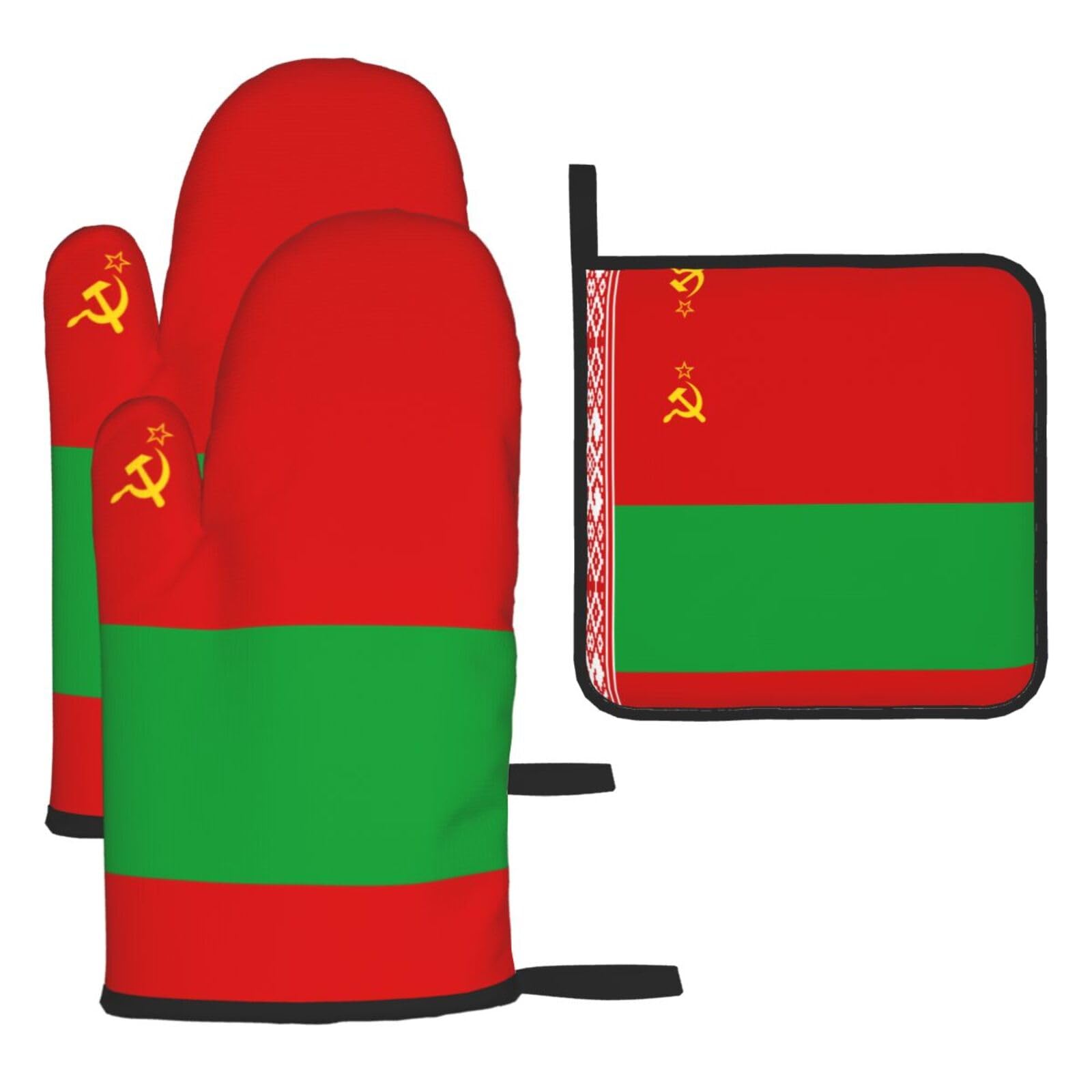 Flag of Belarus Oven mittens and oven mitts three-piece set suitable for oven, grilling, baking, microwave and home cooking.