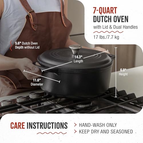 Image of Victoria Cast Iron Large Dutch Oven with Lid and Dual Handles. 7 Quart Pot Seasoned with 100% Kosher Certified Non-GMO Flaxseed Oil