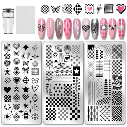 PH PandaHall 3pcs Plaid Nail Stamping Plates Checkerboard Nails Art Stencils Tartan Nail Art Templates Heart Star Image Plates for Women Manicures Salon Design