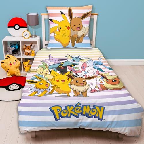 Familando Pokémon Bettwäsche Set (2-teilig) Decken- & Kissenbezug 135x200 cm & 80x80 cm mit Reißverschluss Wendemotiv mit Pikachu & Evoli 100% Baumwolle Farbecht & pflegeleicht - Öko-Tex