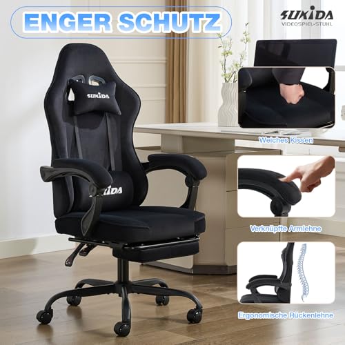 SUKIDA Gaming Stuhl Stoff, Ergonomischer Gaming Chair mit Fußstütze, Verstellbarer Racing Computerstuhl mit Lordosenstütze… – Ansicht 5
