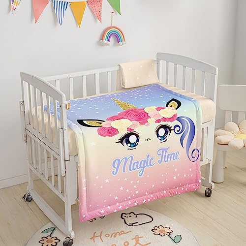 Image of Crib Bedding Set,3pcs Nursery Crib Bedding with Comforter Crib Sheet & Crib Skirt,Lovely Unicorn Flowers Printed Nursery Bedding for Baby Boys and Girls(Unicorn)
