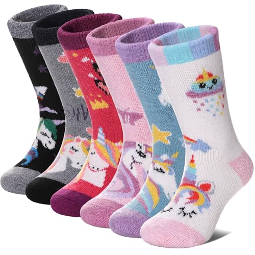 FNOVCO - FNOVCO Kids Merino Wool Hiking Socks Toddlers Boys Girls Cozy Thermal Winter Thick Warm Crew Socks 6 Pairs (8-12 Years, Pink Unicorn)