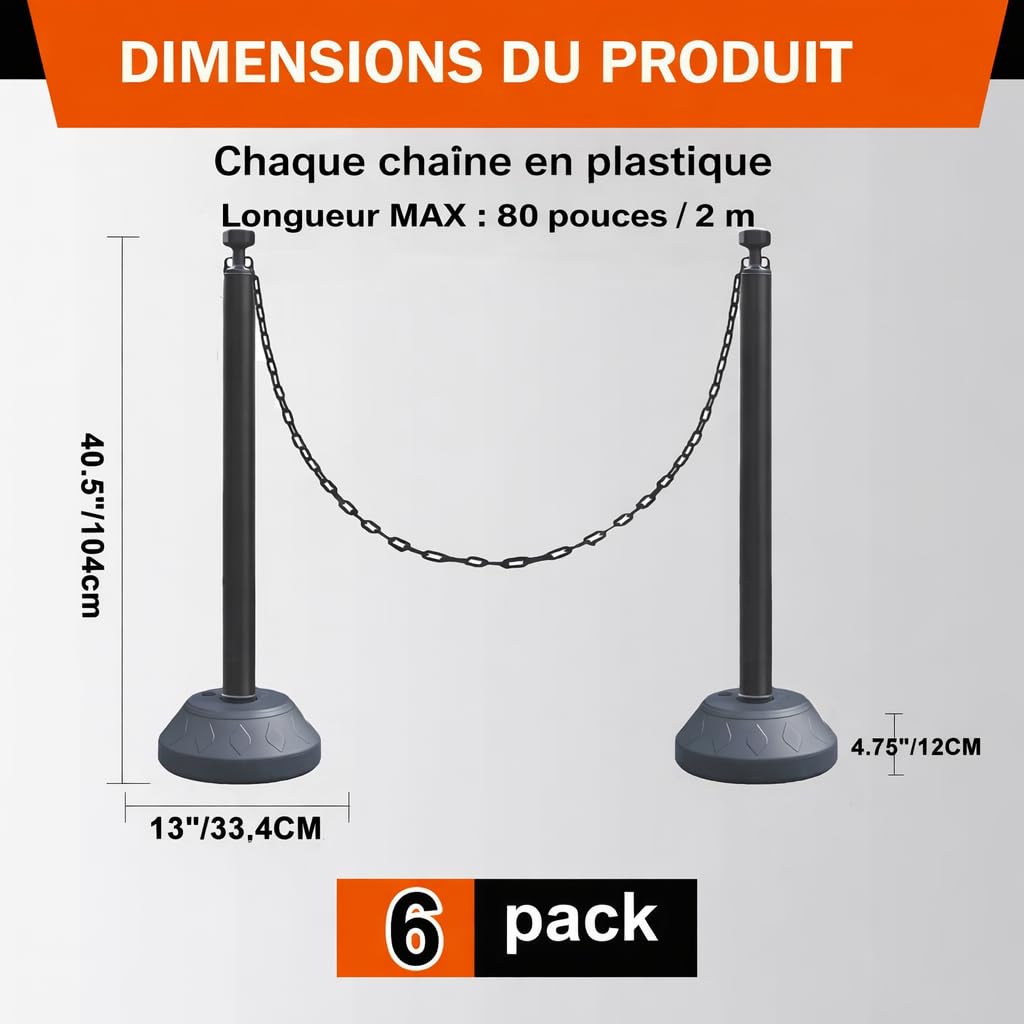 Lot de 6 Poteaux de Guidage 102 cm, Balises de Circulation avec Chaînes Plastiques et Base Remplissable d’Eau pour Parking, Gestion de Foule (Noir)
