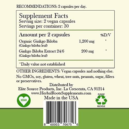Herbal Roots Ginkgo Biloba Made With Pure Organic Ginkgo Leaf - 1,400Mg Per Serving, 60 Vegan Capsules - Made In The Usa #TOP1