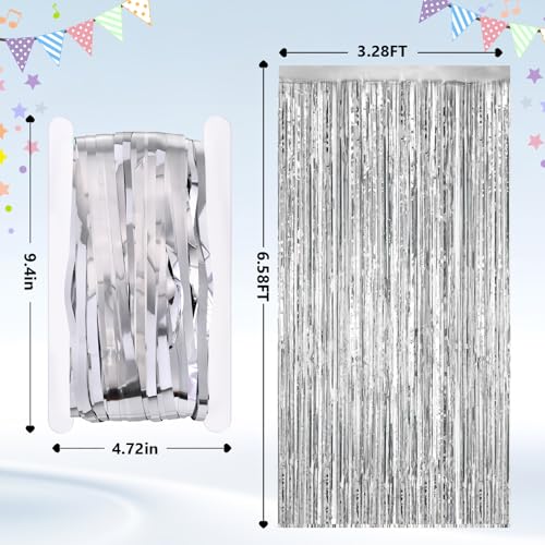 Image of 2Pack Silver Metallic Tinsel Foil Fringe Curtains, Door Streamer Photo Booth Backdrop for Birthday Wedding, Graduation Engagement Bridal Baby Shower Bachelorette Party Decorations Dancing Ball Party
