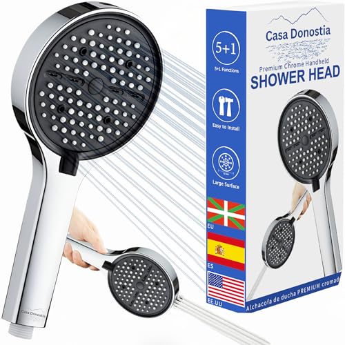 CASA DONOSTIA Alcachofa Ducha Alta Presión Cromo - Cabezal Ducha, Antical con 6 Modos y Ahorro de Agua, Alcachofa Ducha Potente para Baños, Mamparas y Limpieza de Paredes