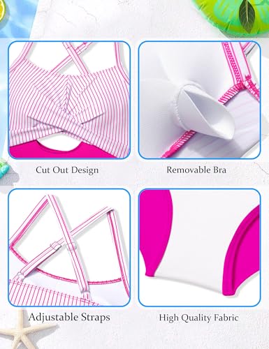 Image of Girl Swimsuit One Piece Cutout Ruched Bathing Suit for Girls Color Block Adjustable Straps Pad Swimwear 9-18y