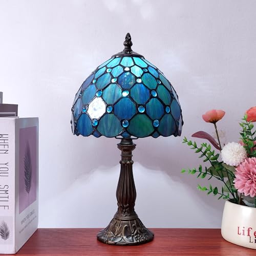 Image of Small Tiffany Table Lamp 8 Inch Blue Pearls Style Tiffany Style Stained Glass Antique Light Bedroom Bedside Lamp Retro Reading Light