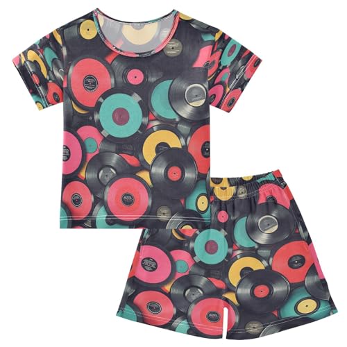 ALAZA Colorful Vinyl Music Records Pajamas Set Short Sleeve Cotton Sleepwear Summer Pjs 2 Piece 5-14Y
